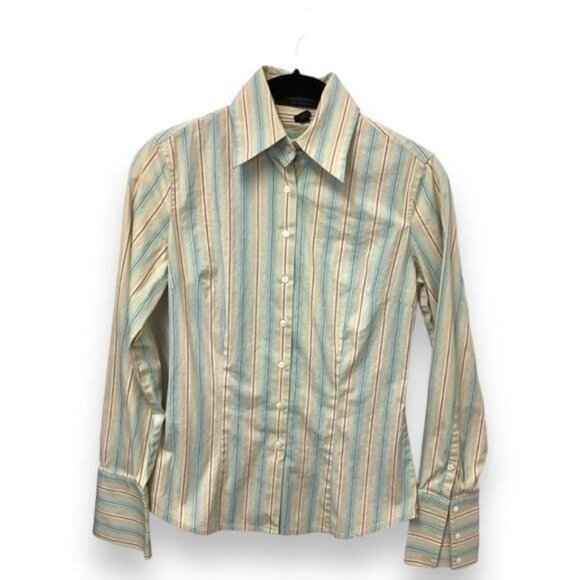 Express Design Studio Women’s Classic Fit Button Front Stripe Shirt, Tan, sz 0 - Picture 1 of 5